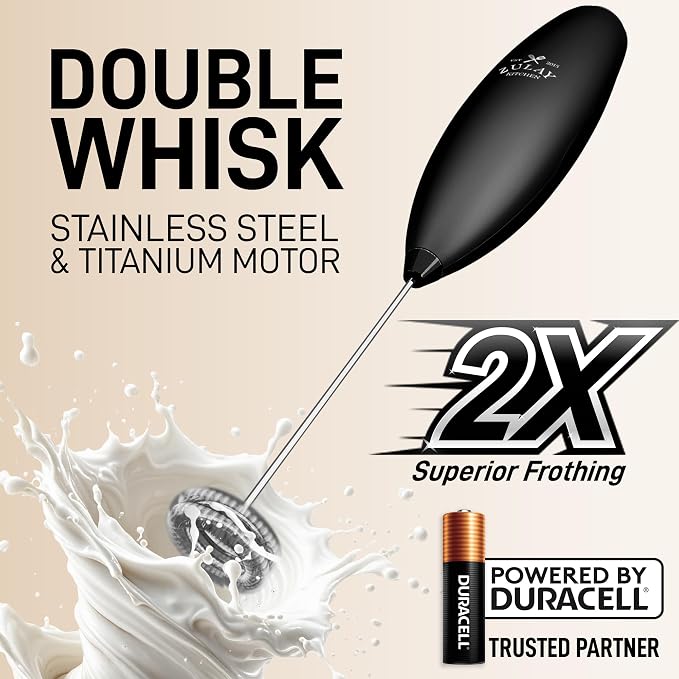 Zulay Kitchen Powerful Milk Frother Wand With Duracell Batteries - Ultra Fast Handheld Drink Mixer - Electric Whisk Foam Maker for Coffee, Lattes, Cappuccino & Matcha - Double Whisk - Exec Black