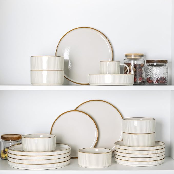 GBHOME Stoneware Dinnerware Sets for 8, 24-Piece Plates and Bowls Set | Handmade Reactive Glaze Ceramic Dish Set, Scratch Resistant, Dishwasher&Microwave Safe,Warm White