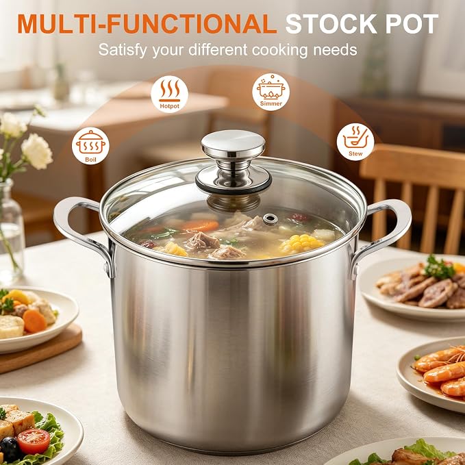 P&P CHEF 8 Quart Stock Pot with Lid, 8 Qt Large Stainless Steel Stockpot | Good for Cooking Pasta Soup, Cookware for Induction Gas Electric Stoves, Visible Lid & Measuring Markings, Dishwasher Safe