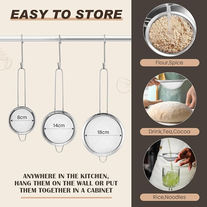 Norme 5 Quart Stainless Steel Silver Colander and 3 Pcs Silver Fine Mesh Strainer, Stainless Steel Pasta Rice Food Metal Strainer with Handles, Easy Clean and Dishwasher Safe
