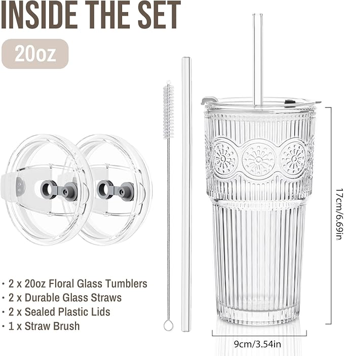 SoulTimes 20oz Ribbed & Floral Glass Tumbler with Lid and Straw – Iced Coffee Glasses Cups for Smoothie, Matcha, Juice, Water etc. Leakproof and Reusable Glassware Drinking for Travel To Go [2Pcs]