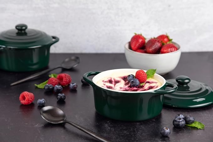 Kook Mini Cocotte, Lids, Handles, Dutch Oven, Set of 4, 12 oz, Forest Green | Individual Baking Ramekins, Microwave Dishwasher Safe Stoneware, Small, Bread, Sourdough, Souffle, Casserole, Oven Safe 500F