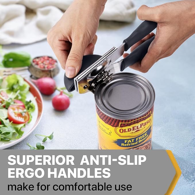 UHIYEE Heavy Duty Hand Can Opener with Comfortable Grip for Seniors, Gray | Manual Can Opener, Hardened Steel Blade, Rubber-Coated Handle, Oversize Knob, Built-in Magnet & Bottle Opener