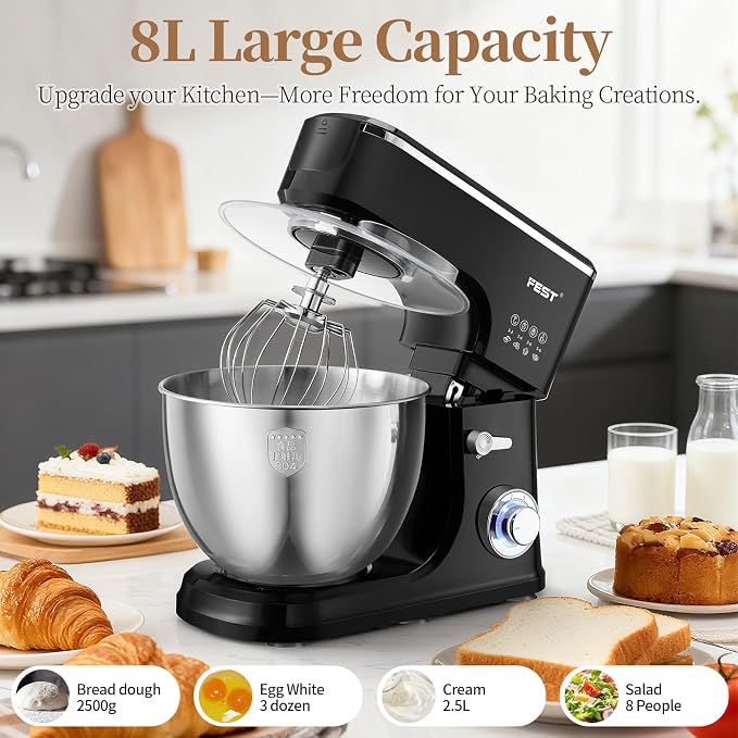 FEST 8.45QT Electric Kitchen Stand Mixer with 6 Speeds and 1500W Motor | Large mixing bowl, dough hook, whisk, beater and removable splash shield for bread, cakes, cookies, whipping and home baking