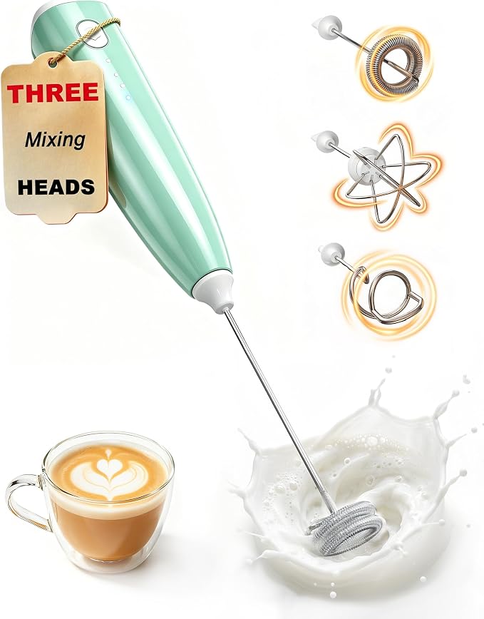 Milk Frother Handheld,Portable Electric Drink Mixer&Wand,Egg Whisk-Green | USB C Rechargeable | 3 Detachable Whisks | 3 Adjustable Speeds | Quiet Operation | For Coffee, Latte, Matcha,protein powder