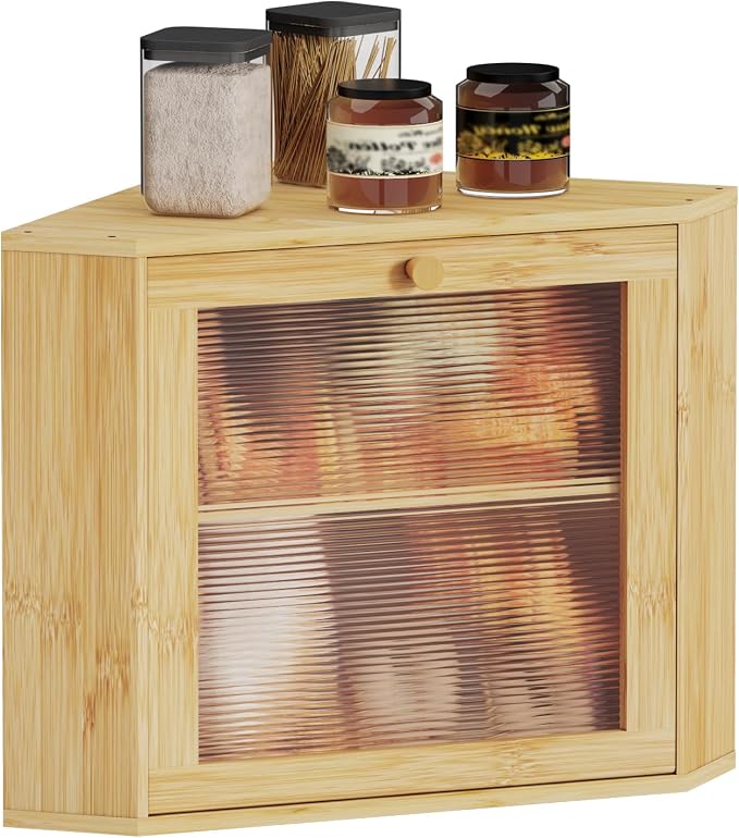 Bread Box for Kitchen Corner Countertop,Large Bread Basket (Natural,Large) | Double Layer Bamboo Bread Storage Container for Kitchen Countertop,Height Adjustable