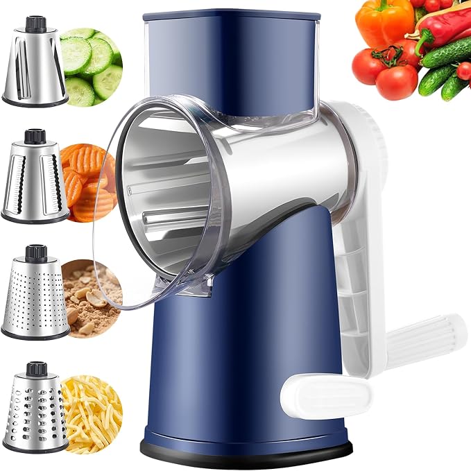 Weltonhm 4 in 1 Large Rotary Cheese Grater Hand Crank (Blue, 4 Graters) | Cheese Shredder Rotary and Slicer with 4 Stainless Steel Blades for Vegetables, Veggie and Cheese, Stronger Suction Base