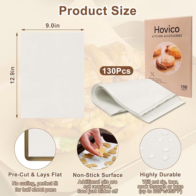 Hovico 130PCS Parchment Paper Baking Sheets, 9x13 Inch, Precut Non-Stick Parchment Paper for Quarter Sheet Pans Liners, Baking Cookies, Bread, Meat, Pizza, Toaster Oven
