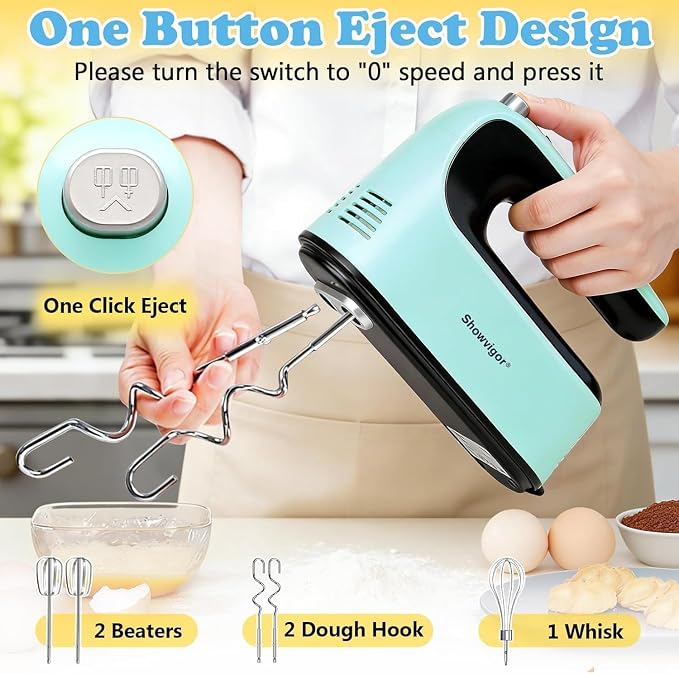 Electric Hand mixer - Adjustable Speed 300W Handheld Mixer Electric Whisk with 5 Stainless Steel Accessories, Turbo Boost/Self-Control Speed + Eject Button Food Beater for Cakes Eggs