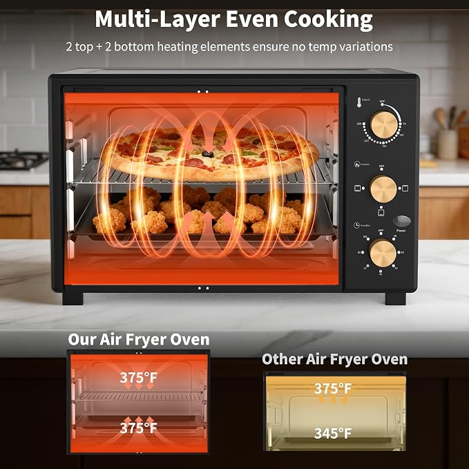 VBGK French Door electric Knob Oven, 35 QT Extra Large Oven,18-Slice Convection Oven3-Control Knobs, Bake Broil Toast Grilled Meat Keep Warm, black Metal,Equipped with a tray and a rack.