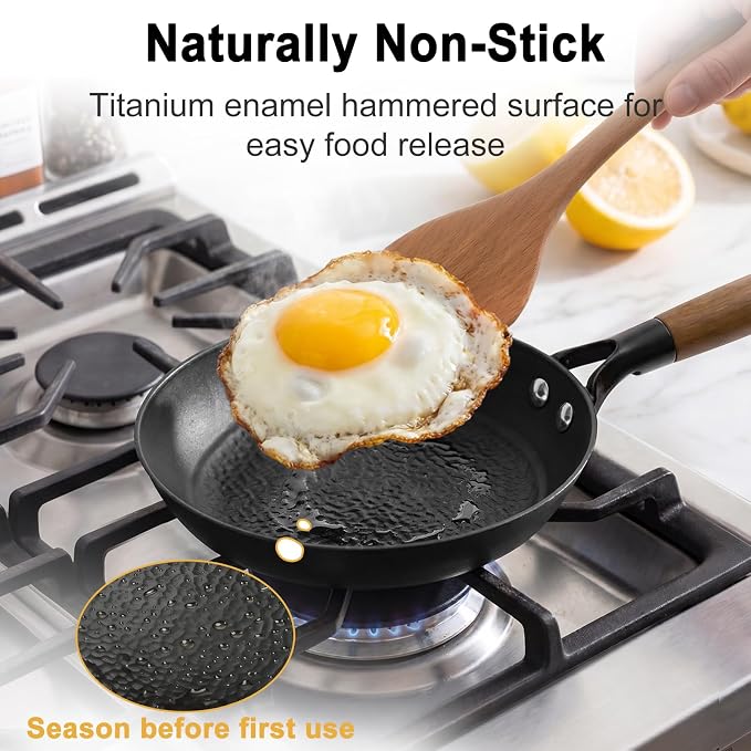 8" Lightweight Titanium Enameled Cast Iron Skillet, Hammered Nonstick Frying Pan with Removable Wood Handle for Eggs, Bacon, Pancakes, Burgers