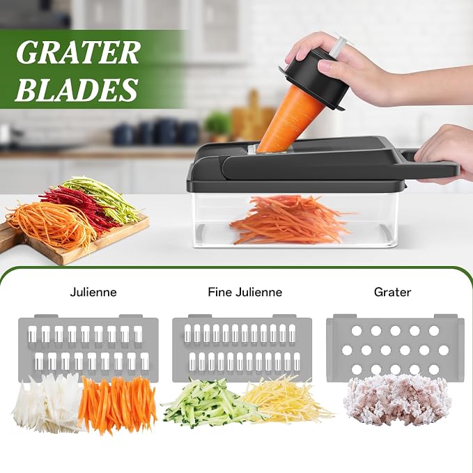 HomeHacks Veggie Chopper Vegetable Cutter, 12 in 1 Kitchen Gadget, Grey | Dicer, Slicer, Cutter, Slap Chop, Cheese Grater & Egg Separator - Multi-Functional Salad Fruit Onion Chopper with Container