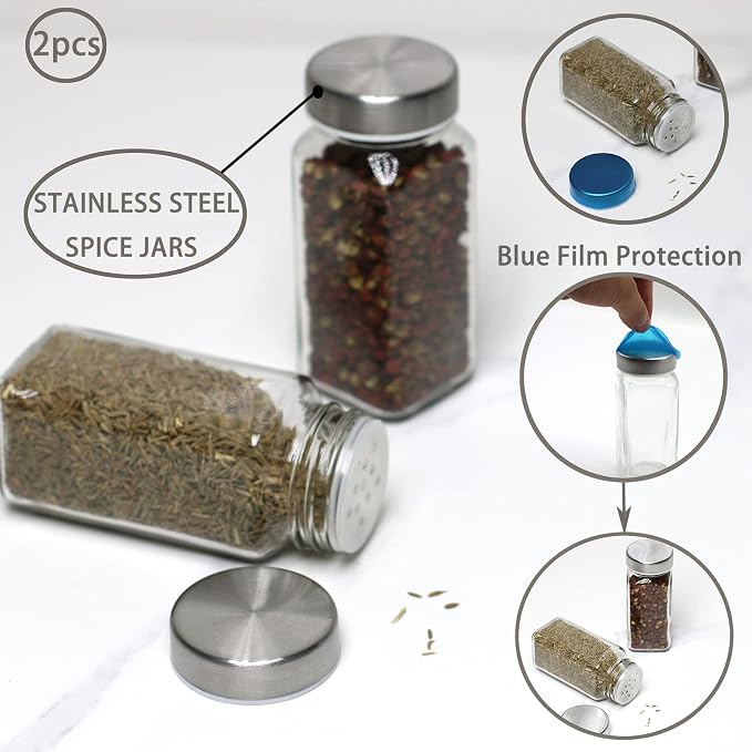Tianifa 2pcs Spice Jars, 4 oz Glass Seasoning Bottles, Spices Container, Empty Spice Jars, Square Spice Bottles with Airtight Stainless Steel Caps with Shaker Lid