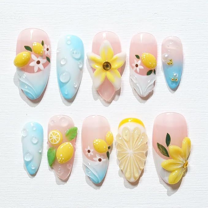 30Pcs Summer Press on Nails Medium Almond Fake Nails 3D Lemon Yellow Flower & Water Drop Designs Pink Blue Gradient French Tip Glue on Nails Reusable Acrylic Nails for Women Beach Vacation Daily Wear