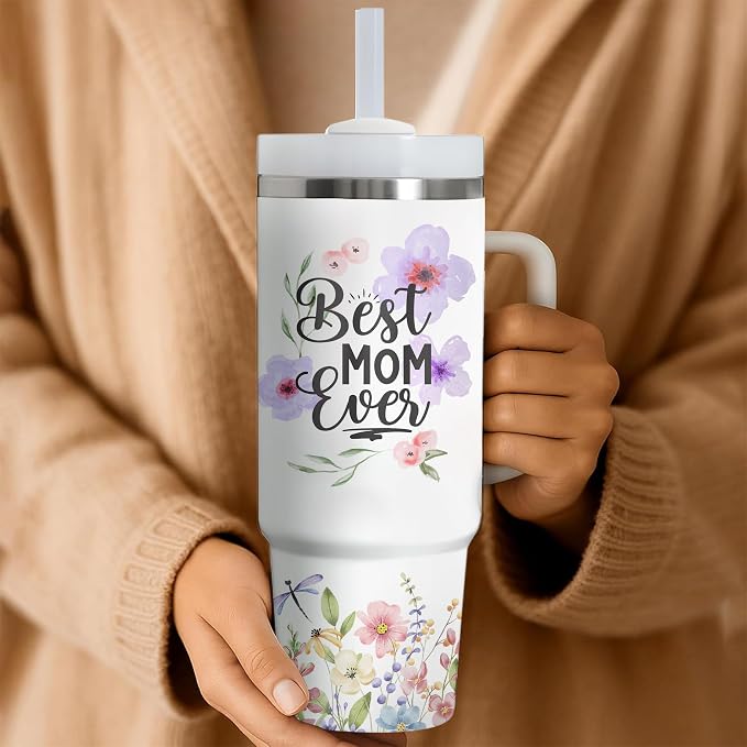 Gossby Best Mom Ever Tumbler, 30oz Stainless Steel with Handle and Straw | Birthday Gifts for Mom, Floral Watercolor Design, Mom Cup with Straw, Insulated Travel Mug for Women, Gift for Mama