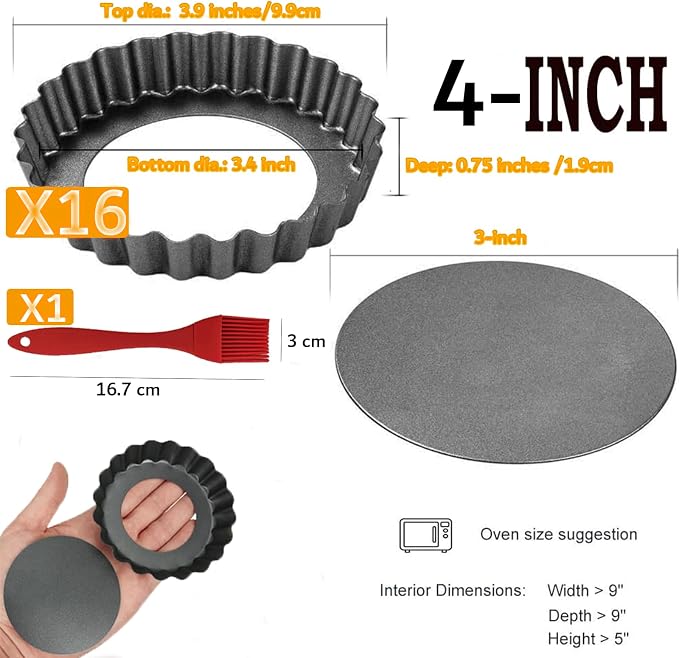 DATANYA Mini Tart Pans 4 Inch with Removable Bottom Quiche Pans 16PACKS | Round Nonstick Heavy Duty Fluted Side Fruit Tart Molds for Pies, Tartlets, Mousse Cakes, Dessert Pastry Baking
