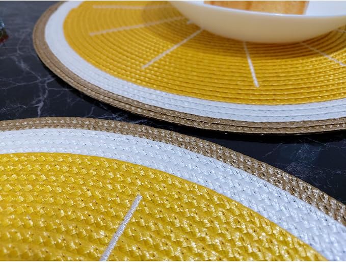Zupro Round Lemon Yellow Placemats Set of 4 Braided 15" Indoor/Outdoor Use | Embroidery Motif Heat Resistant Non-Slip Washable,for Kitchen Dining Tables Dinner Parties holiday and Everyday Use