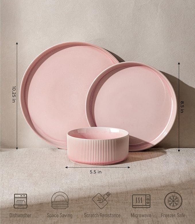 GBHOME Stoneware Dinnerware Sets for 4,12-Piece Plates and Bowls Set | Handmade Reactive Glaze Ceramic Dish Set, Scratch Resistant, Dishwasher&Microwave Safe,Blush Pink