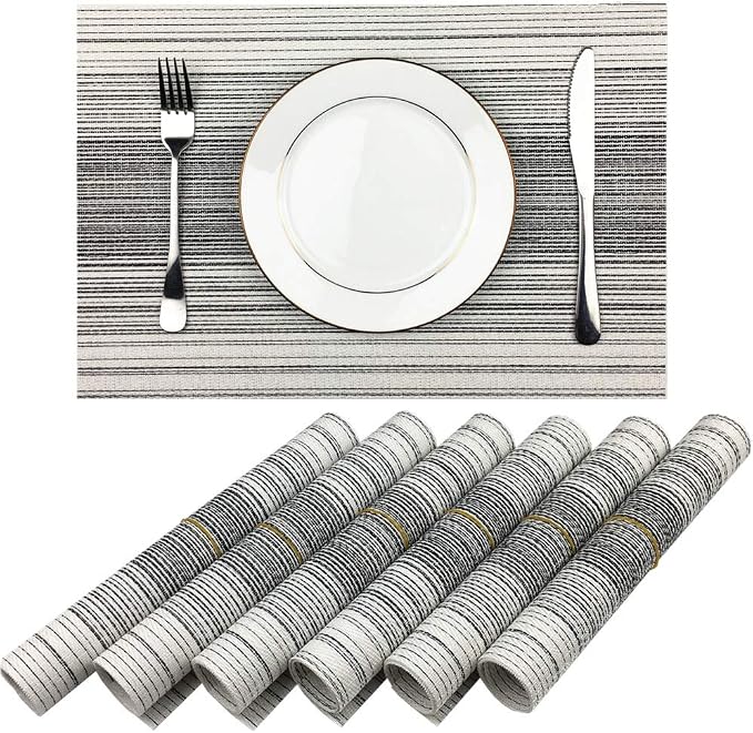 WAZAIGUR Placemats Set of 6, Woven Vinyl Table Placemats, Black with White | Placemat, Blending Color Durable Washable Place Mats Indoor Outdoor Heat-Resistant Anti-Skid Kitchen Dining Table Mats