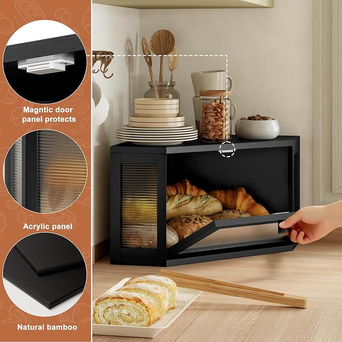 WOWLIVE Corner Bread Box, Bamboo Bread Storage with Acrylic Wavy Door | Breadbox for Kitchen Countertop, Large Farmhouse Bread Holder for Homemade Bread, Multi-functional Container, Black