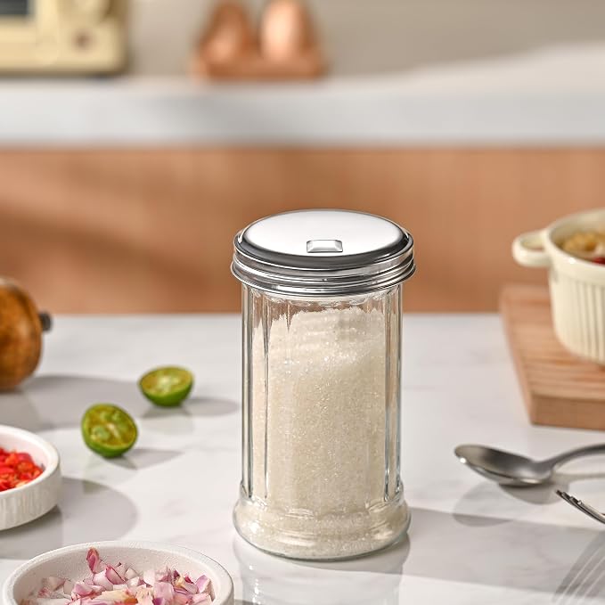 Fox Run Classic Glass Sugar Shaker, 12 Ounce Salt and Sugar Container With Stainless Steel Lid