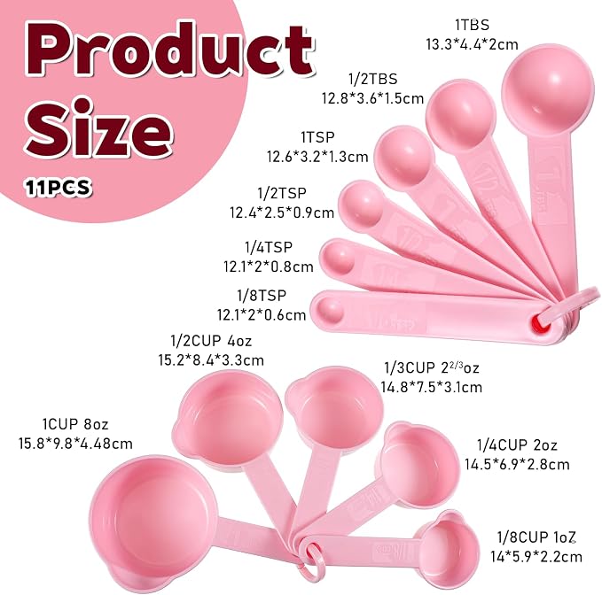 11Pcs Measuring Cups Pink Plastic Measuring Cup and Spoons, 5 Cups & 6 Spoons Set Kitchen Cup and Spoon Essentials Gadgets for Cooking & Baking Color Pink