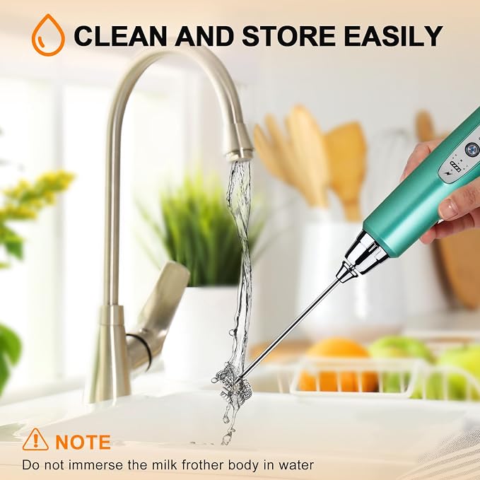 YUSWKO Handheld Milk Frother Wand for Coffee, Rechargeable Electric Whisk with 3 Heads 3 Speeds Drink Mixer Coffee Frother For Latte, Cappuccino, Hot Chocolate, Egg, Green