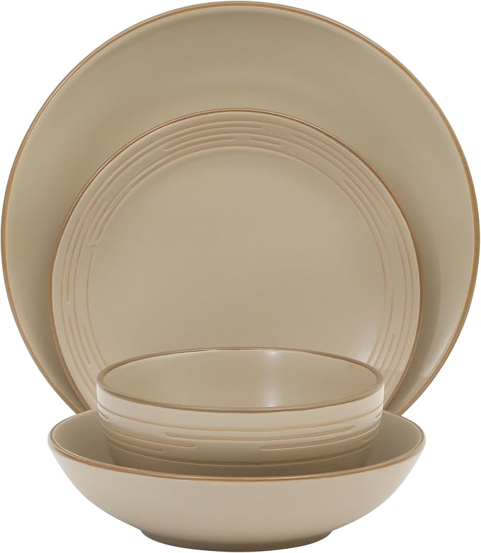 Gibson Home Chiswick House 16-Piece Stoneware Dinnerware Set, Round Plates and Bowls Set for 4, Beige with Wax Relief Embossed Rim Detail, Dishwasher Safe – Dinner Plate, Salad Plate & Cereal Bowl