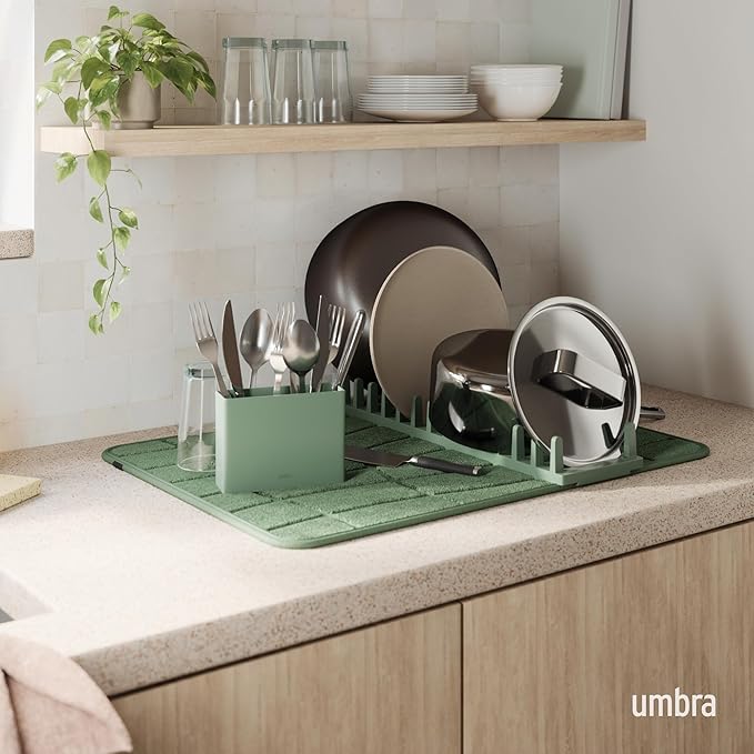 Umbra Udry Dish Drying Rack with Microfiber Mat, Foldable Drainer, Spruce | Machine washable, protects countertops, utensil holder, compact space saving design