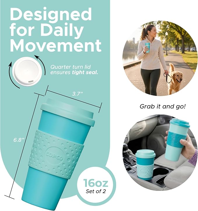 Copco Acadia Travel Mug with Lid, 16 Oz - Aqua & Mint, Set of 2 | Double Wall Insulated Tumblers with Spill Resistant Lids, Non Slip Grip, Slim Design Fits Car Cup Holders, Dishwasher Safe