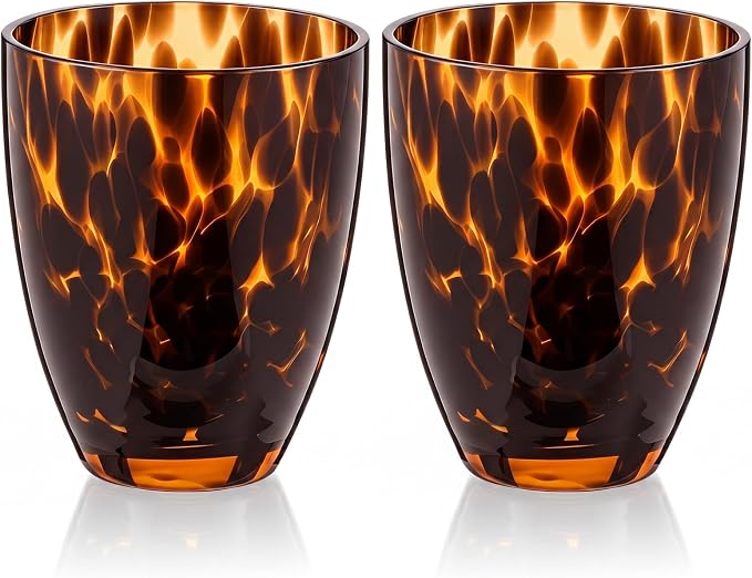 SiliFine Set of 2 Tortoise Shell Leopard Print Stemless Wine Glasses, 12oz Tapered Hand Blown Glass Tumblers, Brown Glassware, Ideal for Wine, Whiskey, Gin, Tequila, Party Gifts