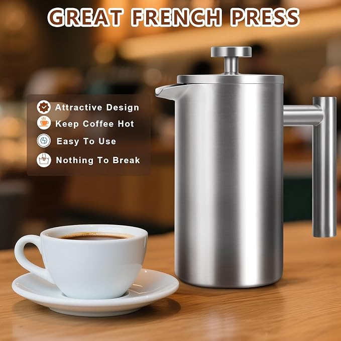 French Press 24 oz, Premium Stainless Steel French Press Coffee Maker 2 cup | Double Wall Insulated Coffee Presses, 304 Food Grade Stainless Body, Ideal for Camping Travel Home, Non Toxic, No Plastic