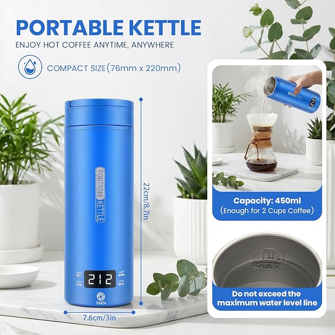 Travel Kettle,Portable Electric Kettle with Temperature Control, Brews Two Cups of Coffee, 316 Stainless Steel Inner Tank, Elegant Blue