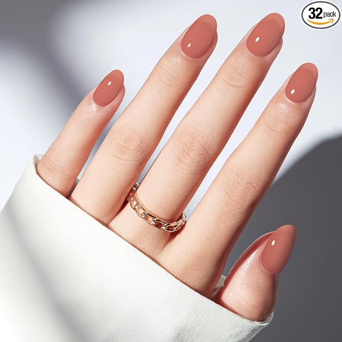 modelones Sheer Milk Tea Short Press on Nails, Oval Fake Nails Kit | Semi-Transparent Press Ons with Nail Glue, Adhesive Tabs, Nail File, Prep Pad, Manicure Stick, 32Pcs 16 Sizes, Women Gift