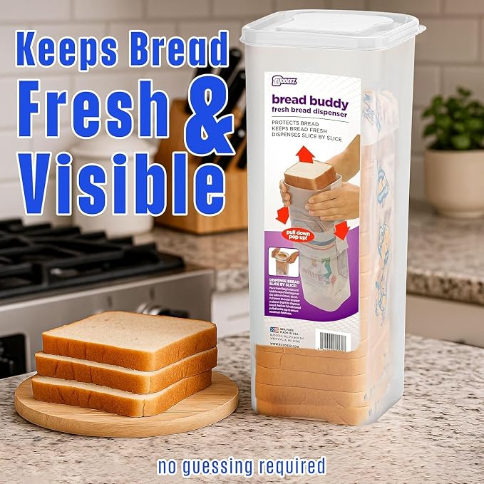 Buddeez Bread Buddy Bread Storage Container, White, 2-Pack | Helps keep bread fresh and organized, Fits standard sandwich loaves, Slice-by-slice dispensing