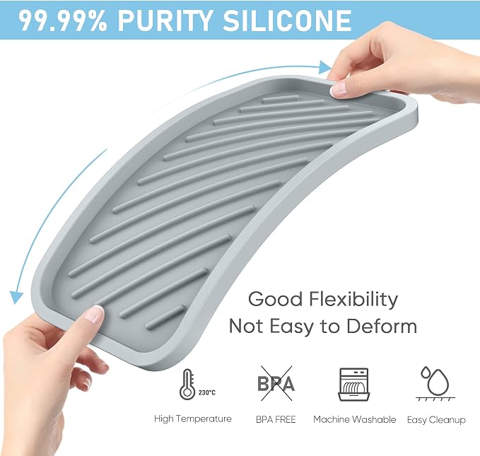 Kitchen Sink Organizer Tray,Sponge Holder for Kitchen Sink Bathroom（Grey） | Counter Tray Sponge Caddy Silicone Soap Holder for Soap Dispenser, Bottle, Dishwashing Accessories(2-Pack)