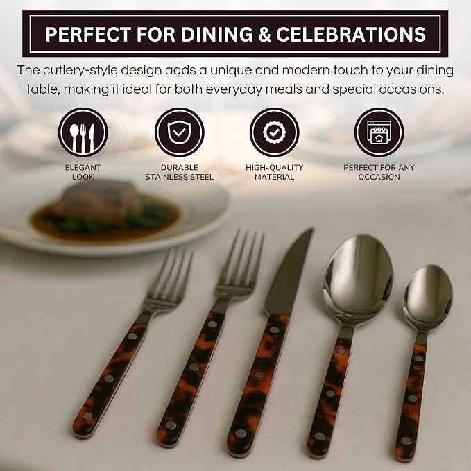 20-Piece Premium Cutlery ABS Handle, Stainless Steel Flatware Set Tortoise | Includes Forks, Knives, Spoons & Teaspoons, Complete Dining Set Perfect for Everyday Meals Dinner Parties & Special Occasions