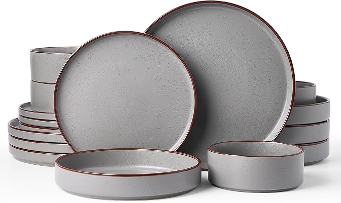 Famiware Nebula Ridge 16-Piece Dinnerware Set with Pasta Bowls, Dark Gray | Stoneware Plates and Bowls for 4, Warm Hand-Painted Rims, Microwave and Dishwasher Safe