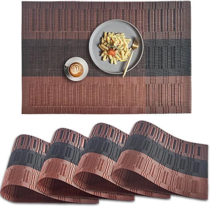 homEdge PVC Placemat, 4 PCS of Non-Slip Heat Resistant Place Mats, Washable Vinyl Placemats, Set of 4 – Ombre Brown Black