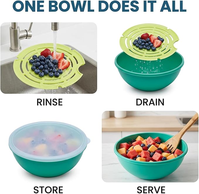 Jokari Watermelon Salad Bowl with Strainer and Lid - Self-Draining | Lid - Self-Draining Container, Fruit, Vegetables, Mixed Greens - Includes Nesting Colander, Snap-Tight Storage Lid