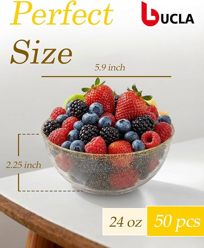 bUCLA 50Pack Gold Glitter Plastic Serving Bowls - 24oz Gold Disposable Dessert/Salad/Soup/Salad/Fruit/Cereal Bowls for Wedding & Party