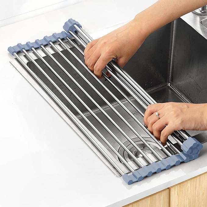 Over The Sink Dish Drying Rack, Stainless Steel Roll Up Dish Drying Rack Kitchen Dish Rack Sink Drying Rack, Foldable Dish Drainer, 17.5''x13.7''