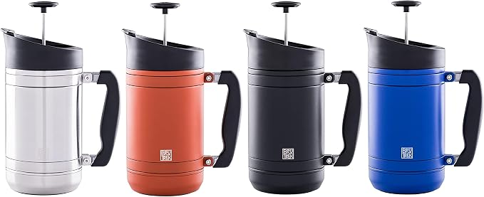 BruTrek by Planetary Design | BaseCamp French Press | 32 fl.oz - Obsidian | Double Wall Insulated Stainless Steel - Bru-Stop Technology, No Grounds in Coffee, No Spill Lid (Obsidian, 32 fl.oz)