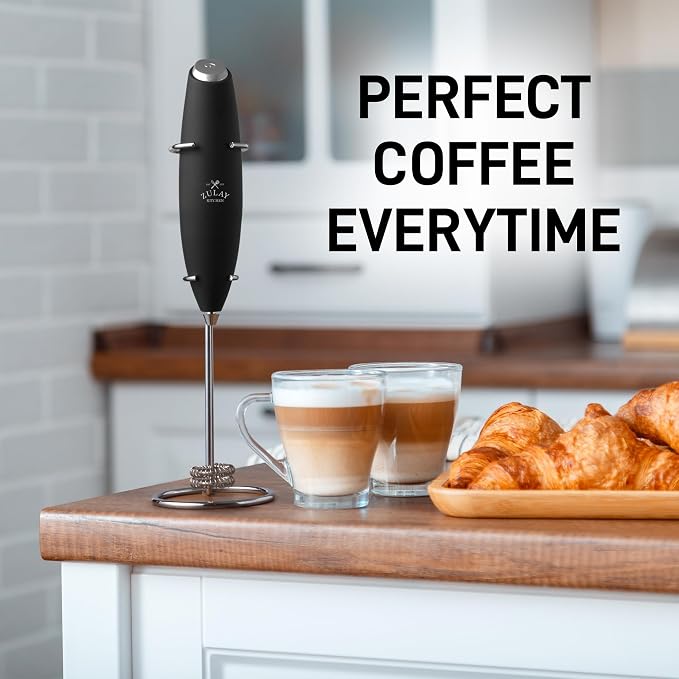 Zulay Kitchen Powerful Milk Frother Wand With Duracell Batteries - Ultra Fast Handheld Drink Mixer - Electric Whisk Foam Maker for Coffee, Lattes, Cappuccino & Matcha - Double Whisk - Royal Black