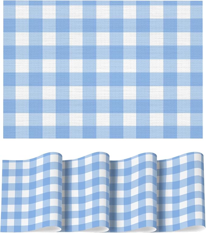 Artoid Mode Buffalo Plaid Vinyl Placemats Set of 4, 12x18 Inch Washable Non-Slip Heat Resistant Plastic Place Mats for Party Dining Table, Blue/White