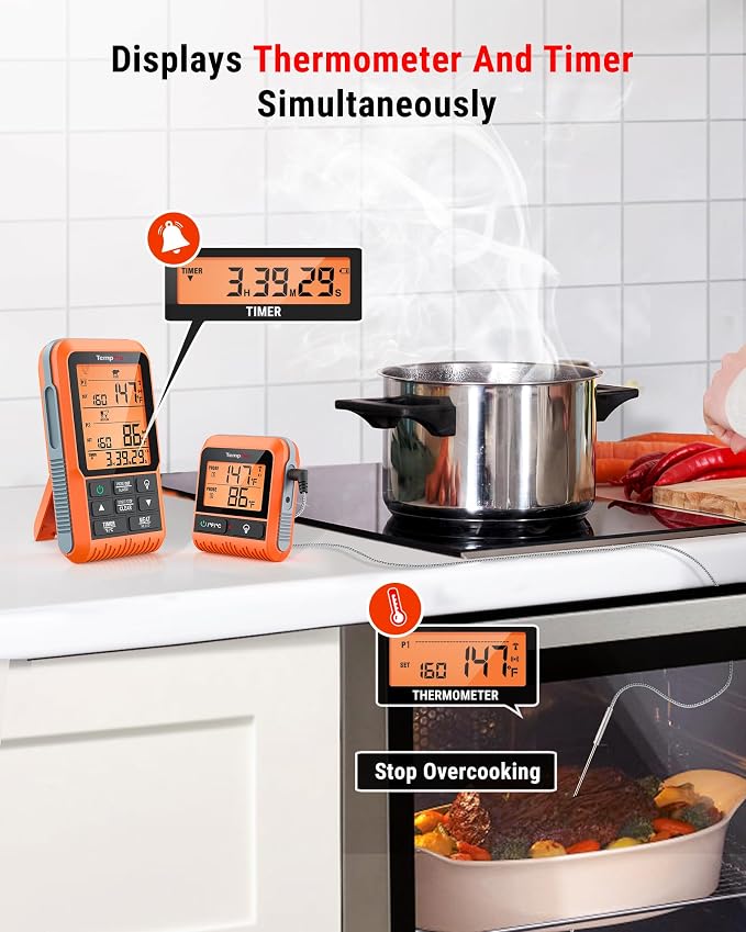 TempPro TempSync 500FT Wireless Meat Thermometer for Grilling and Smoking | RF Technology, 2 Probes, Alarms, Backlit LCD Display, Smoker BBQ Kitchen Food Thermometer for Cooking Tools & Utensils Gift