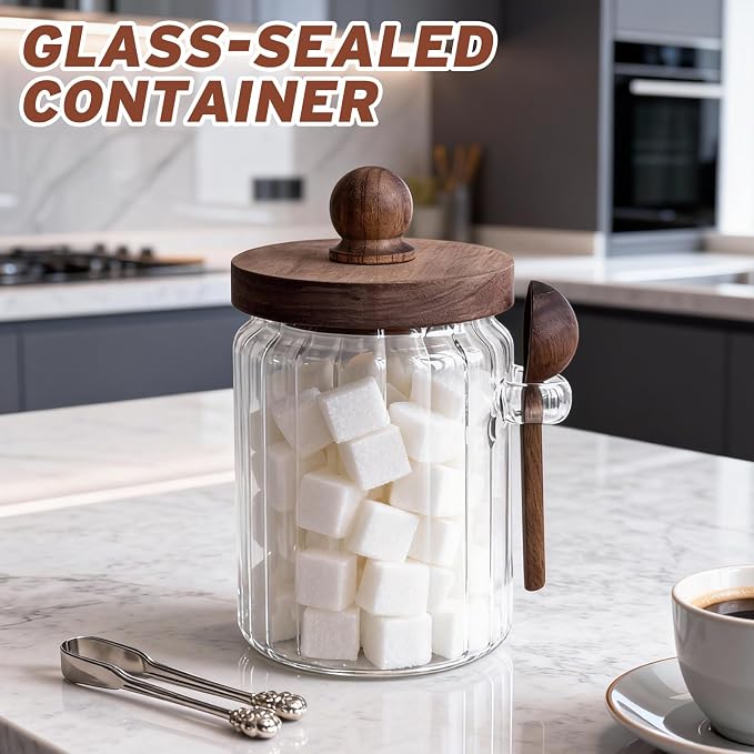 20oz Ribbed Glass Brown Sugar Bowl Wooden Lid Spoon Farmhouse Jar | Farmhouse ribbed glass canister stores coffee, tea, spice & baking goods; decorative kitchen counter food storage container
