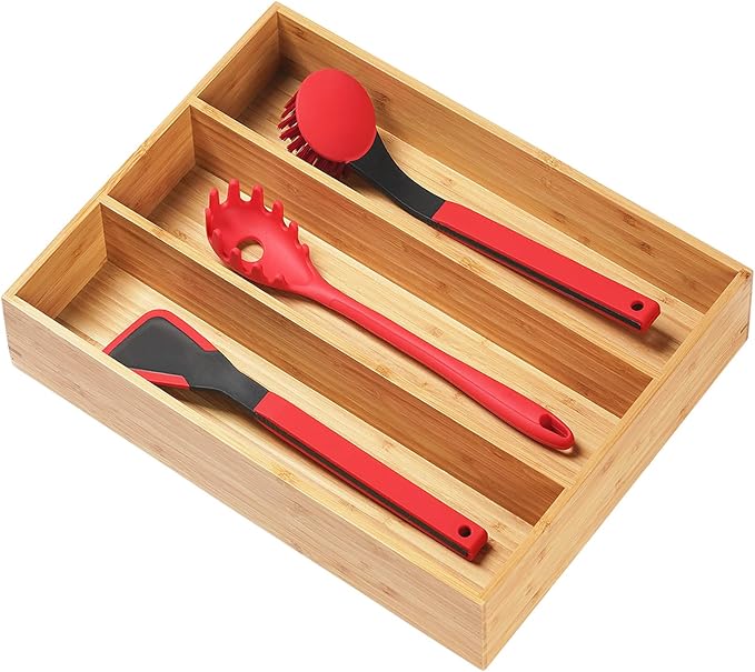 Bamboo Kitchen Utensils Organizer, 13 Inch Drawer Dividers for Silverware, Extra Deep Holder, with Non-Slip Feet, Wood Caddy for Flatware Cutlery