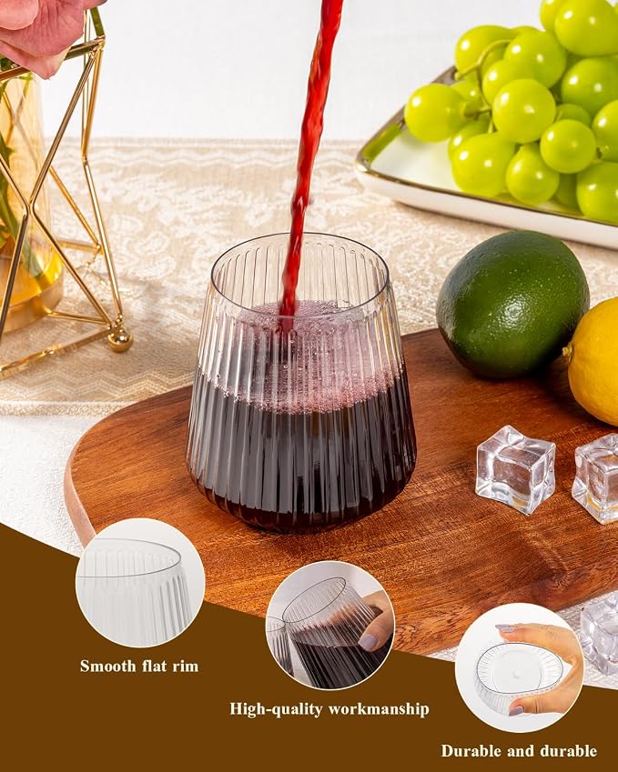 Goodluck 80 Pack 12oz Stemless Plastic Wine Glasses – Clear Ribbed Cups | Elegant Reusable Disposable Drinkware for Weddings, Parties, Bars, Indoor and Outdoor Events