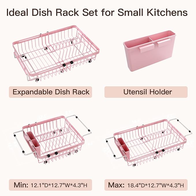 Pink Dish Drying Rack Over The Sink with Utensil Holder | Expandable Stainless Steel Dish Drainer for Small Kitchen, Apartment, RV, Counter Space Saving, Perfect Fit, Rustproof